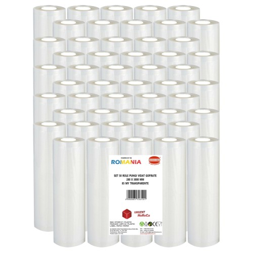 Set 50 role pungi vidat gofrate, dimensiuni 280x3000 mm, transparente, grosime 85 microni, preparare sau depozitare Sous Vide