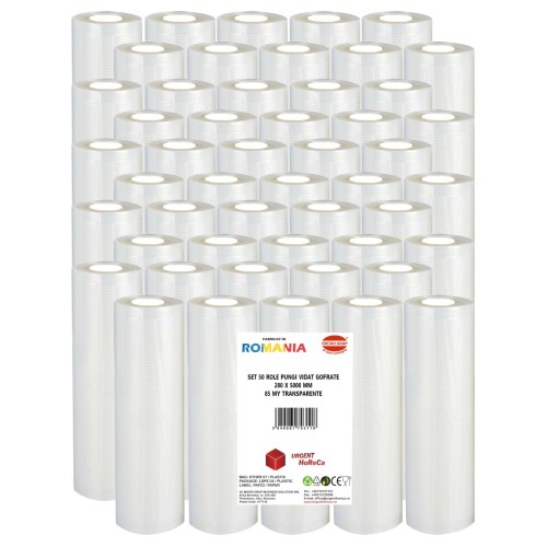 Set 50 role pungi vidat gofrate, dimensiuni 280x5000 mm, transparente, grosime 85 microni, preparare sau depozitare Sous Vide